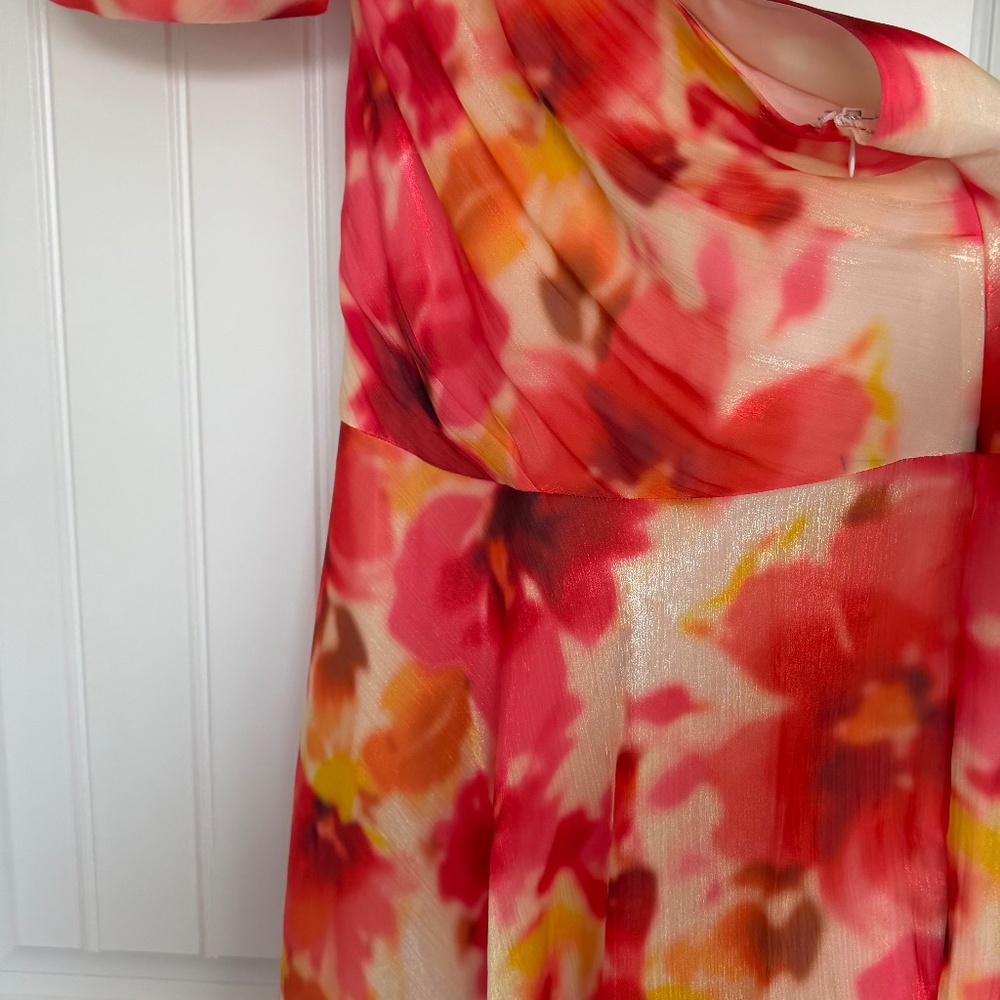 Alex Marie Floral One Shoulder Chiffon Gown - Coral/White - Size 14 - Picture 2 of 4